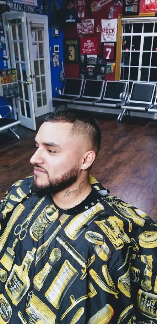 Fade haircut with full dark beard and sharp line-up at Sees Barbershop, Concord, CA
